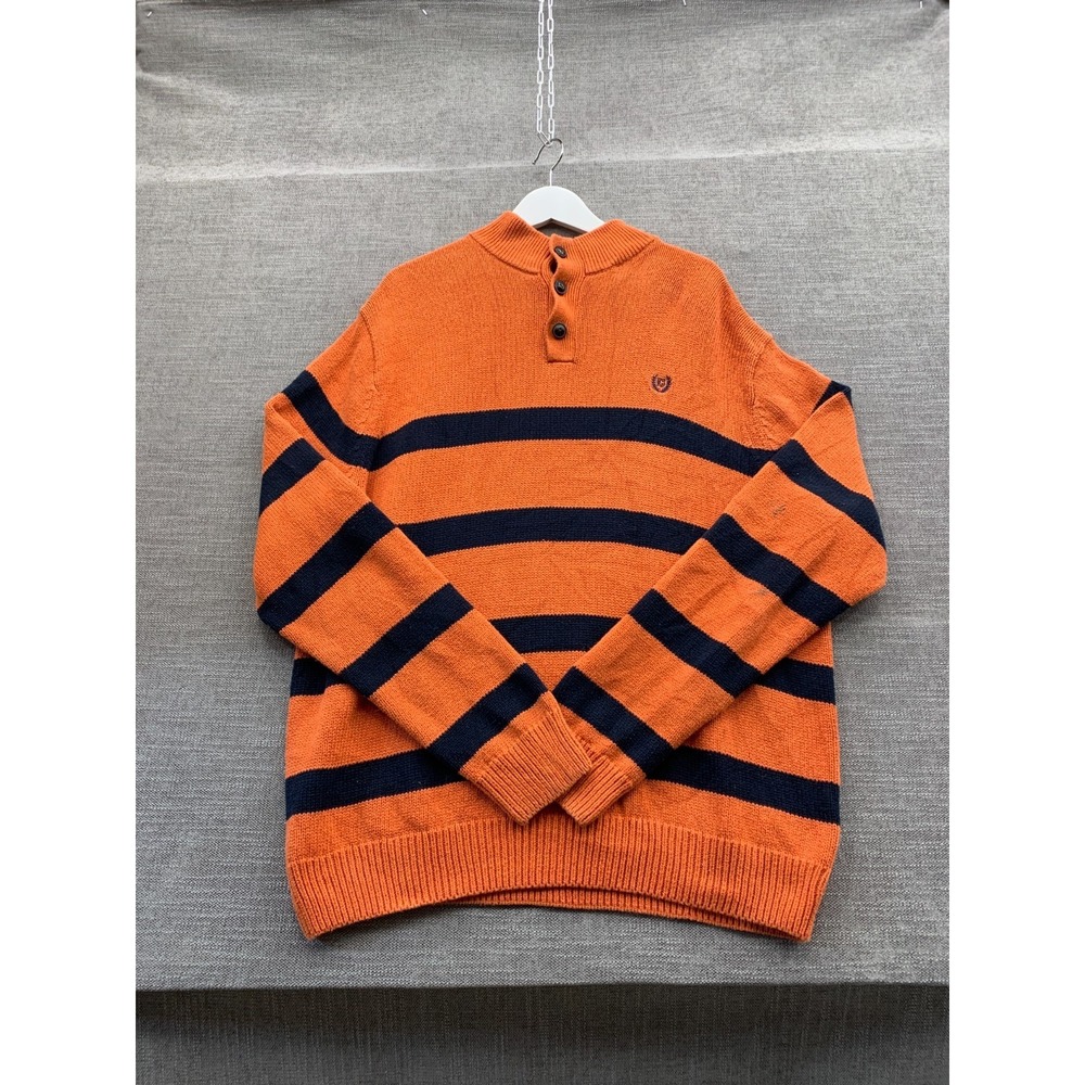 Chaps Sweater Mens 2XL‎ Orange Striped Cotton Embroidered Logo Tight Knit Ribbed